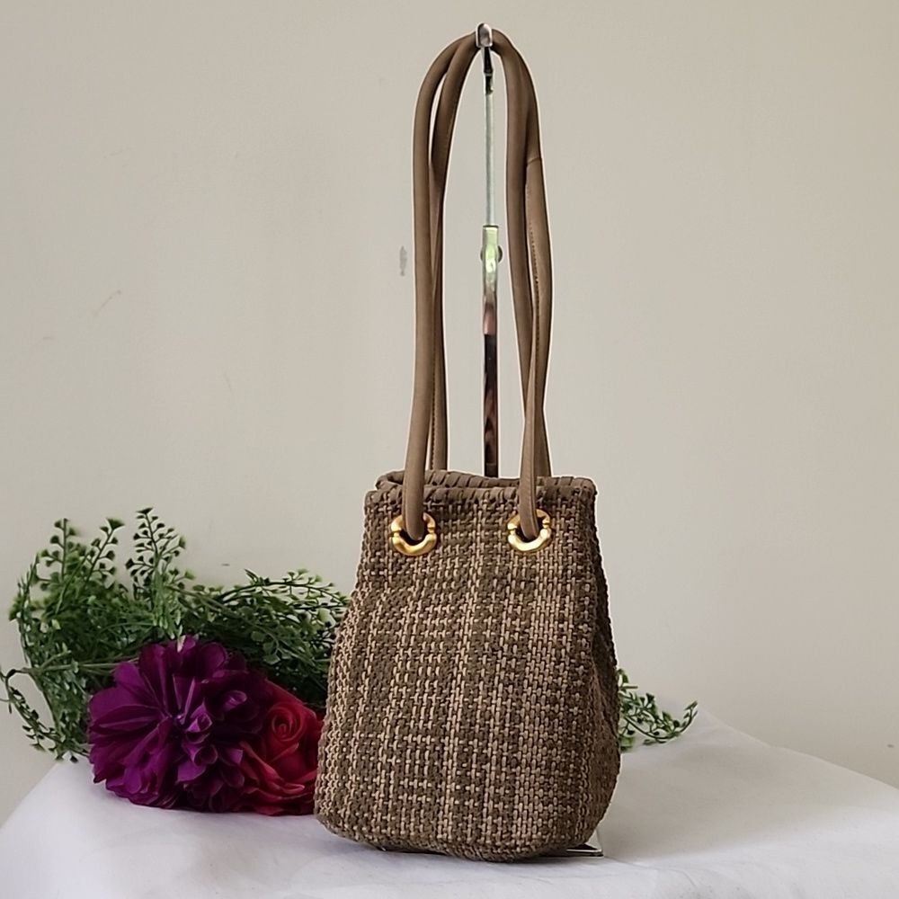 Donna Karan Vintage Green Woven Suede Leather Satchel Made in Korea
